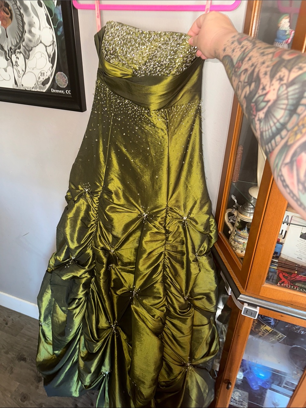 Olive Green Beaded Formal Ball Gown Dress